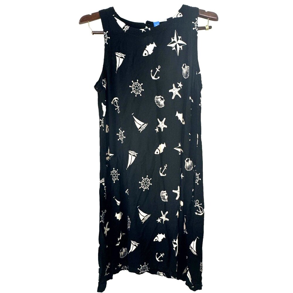 Island Beach Vintage Black Rayon Natical Fish Pattern Sleeveless Pocket Dress L